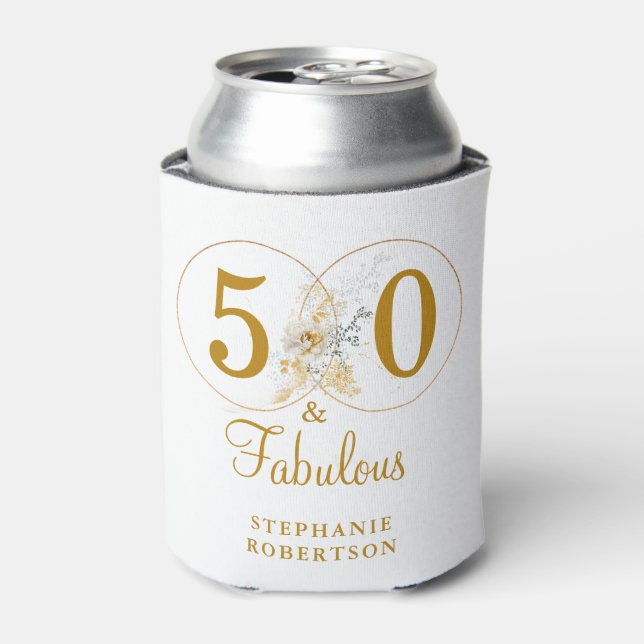 50 and Fabulous Gold Floral Script Birthday  Can Cooler (Can Front)