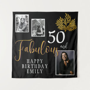50 and Fabulous Gold Foliage 3 Photo Birthday  Tapestry