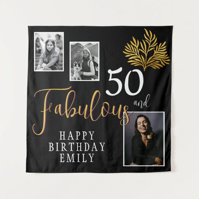 50 and Fabulous Gold Foliage 3 Photo Birthday  Tapestry (Front)