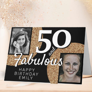 50 and Fabulous Gold Glitter 2 Photo 50th Birthday Card