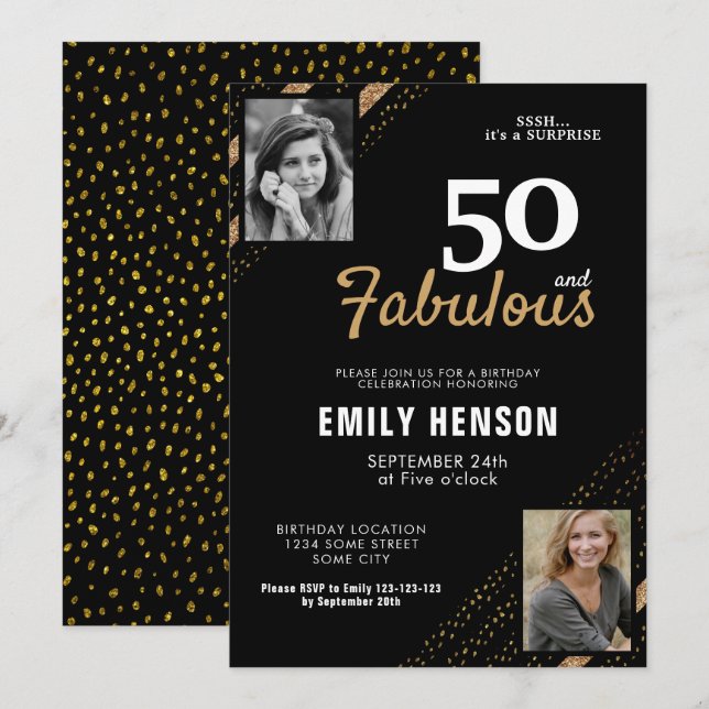 50 and Fabulous Gold Glitter 2 Photo 50th Birthday Invitation (Front/Back)