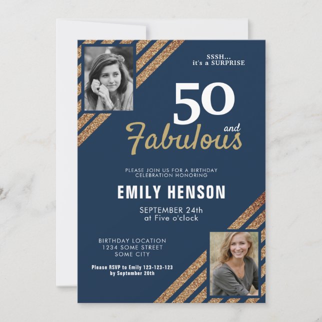 50 and Fabulous Gold Glitter 2 Photo 50th Birthday Invitation (Front)