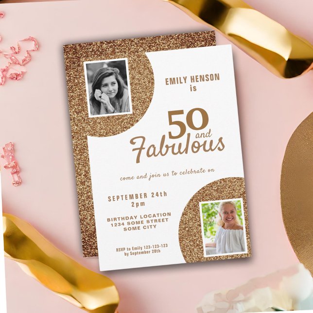 50 and Fabulous Gold Glitter 2 Photo 50th Birthday Invitation (Creator Uploaded)