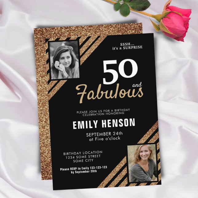 50 and Fabulous Gold Glitter 2 Photo 50th Birthday Invitation (Creator Uploaded)