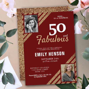 50 and Fabulous Gold Glitter 2 Photo 50th Birthday Invitation