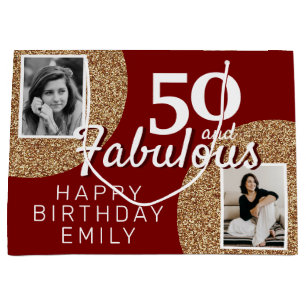 50 and Fabulous Gold Glitter 2 Photo 50th Birthday Large Gift Bag