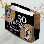 50 and Fabulous Gold Glitter 2 Photo 50th Birthday Large Gift Bag<br><div class="desc">50 and Fabulous Gold Glitter 2 Photo 50th Birthday Gift Bag. Faux gold glitter on black with 2 photos - you can use an old and a new photo. Add your name and age and make a great elegant personalised gift bag for the milestone birthday celebration.</div>