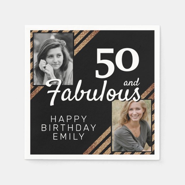 50 and Fabulous Gold Glitter 2 Photo 50th Birthday Napkin (Front)