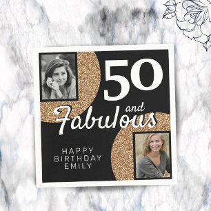 50 and Fabulous Gold Glitter 2 Photo 50th Birthday Napkin