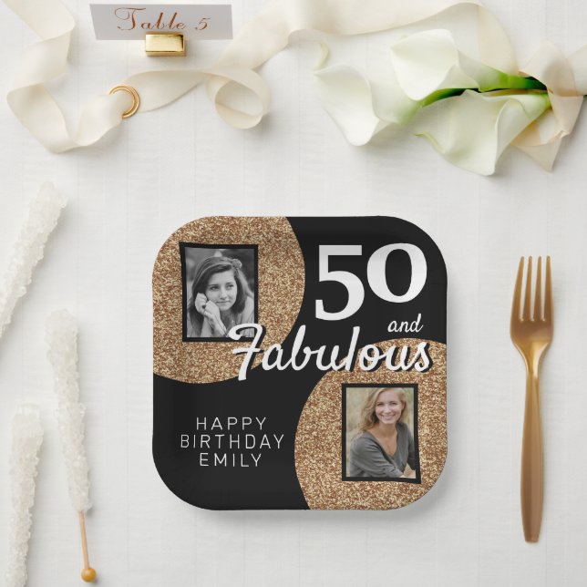 50 and Fabulous Gold Glitter 2 Photo 50th Birthday Paper Plate (Wedding)