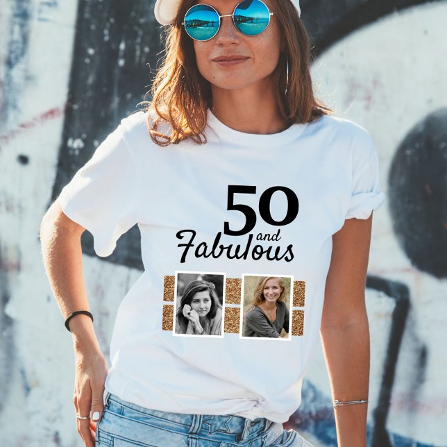 50 and Fabulous Gold Glitter 2 Photo 50th Birthday T-Shirt (Creator Uploaded)