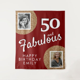 50 and Fabulous Gold Glitter 2 Photo 50th Birthday Tapestry