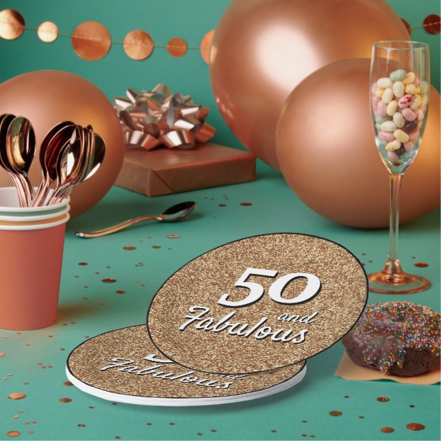 50 and Fabulous Gold Glitter 50th Birthday  Paper Plate (Multi)