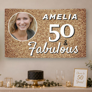 50 and Fabulous Gold Glitter 50th Birthday Photo Banner