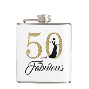 50 and Fabulous Gold Glitter Birthday Gift Hip Flask