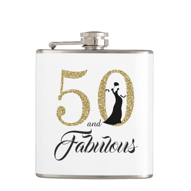 50 and Fabulous Gold Glitter Birthday Gift Hip Flask (Front)