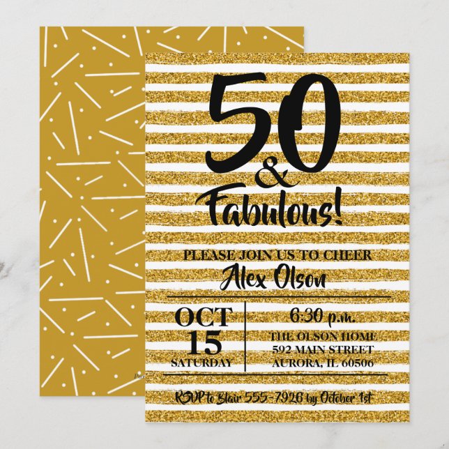 50 and Fabulous Gold Glitter Birthday Invitations (Front/Back)