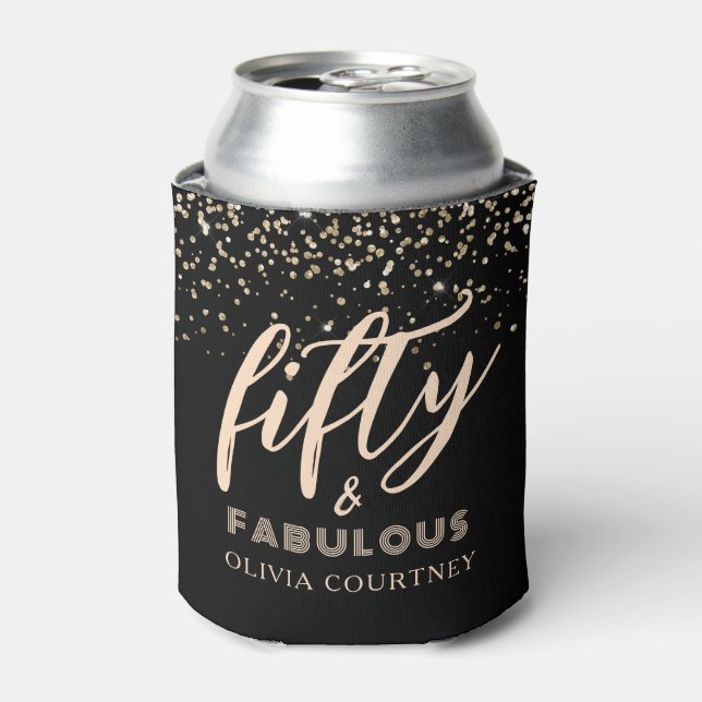 50 and Fabulous Gold Glitter Black Birthday Can Cooler (Can Front)