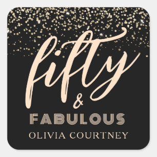 50 and Fabulous Gold Glitter Black Birthday Square Sticker