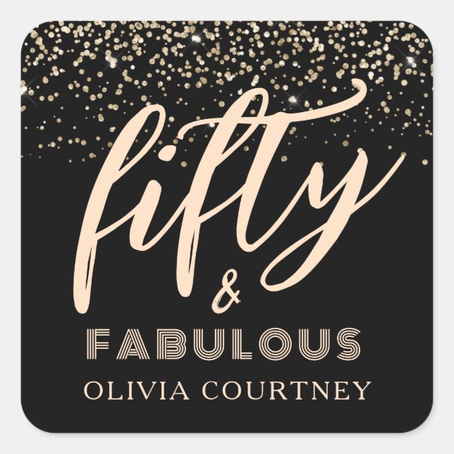 50 and Fabulous Gold Glitter Black Birthday Square Sticker (Front)