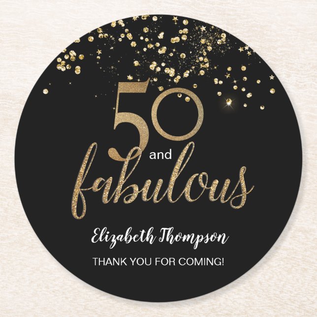 50 and fabulous gold glitter confetti personalised round paper coaster (Front)