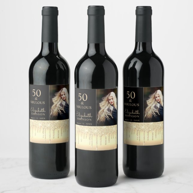 50 and Fabulous Gold Glitter Drip Birthday Party Wine Label (Bottles)