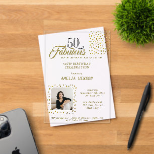 50 and Fabulous Gold Glitter Photo 50th Birthday Acrylic Invitations