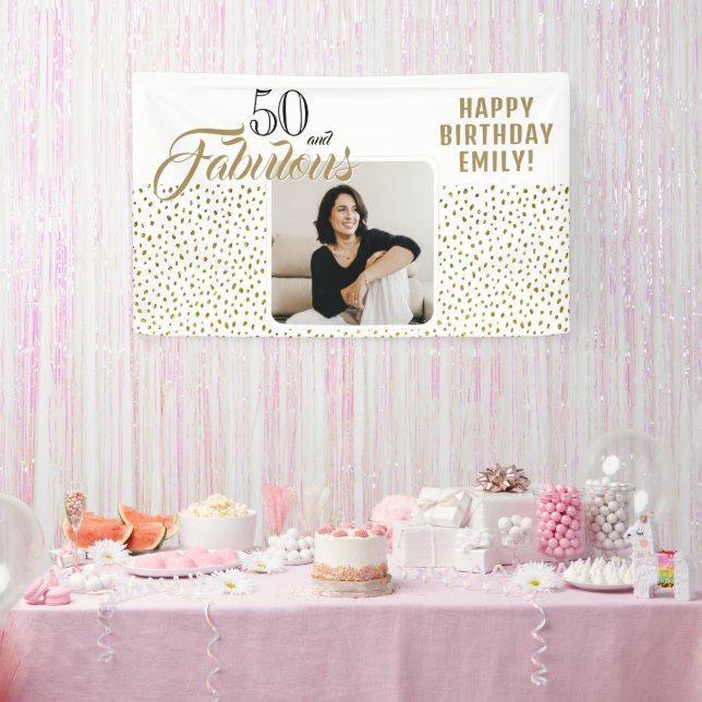 50 and Fabulous Gold Glitter Photo 50th Birthday Banner (Party)