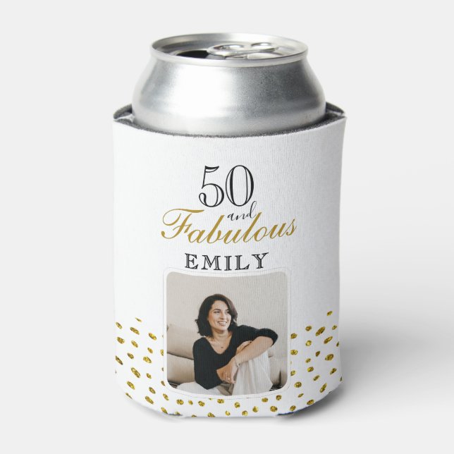 50 and Fabulous Gold Glitter Photo 50th Birthday Can Cooler (Can Front)