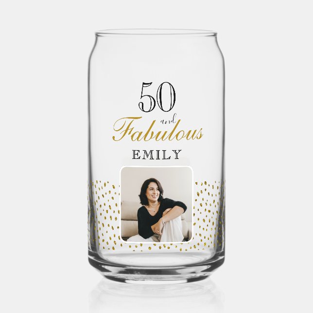 50 and Fabulous Gold Glitter Photo 50th Birthday Can Glass (Front)