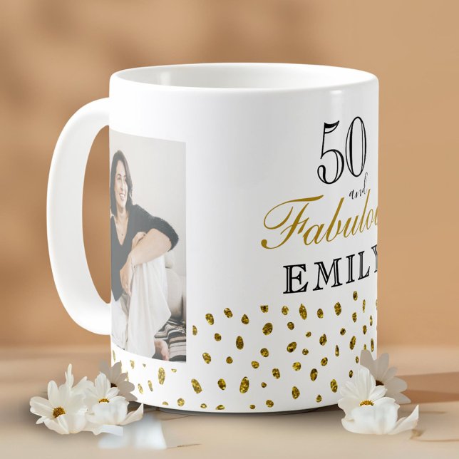 50 and Fabulous Gold Glitter Photo 50th Birthday Coffee Mug (Creator Uploaded)