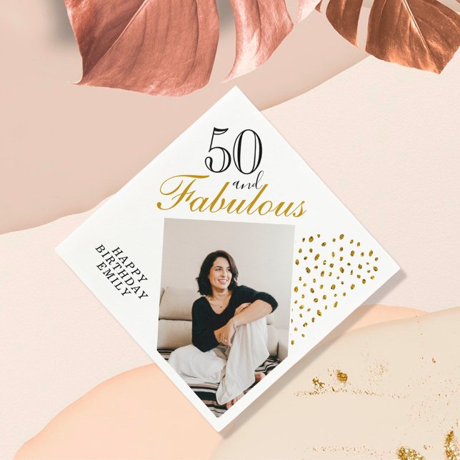 50 and Fabulous Gold Glitter Photo 50th Birthday Napkin (Creator Uploaded)