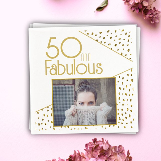 50 and Fabulous Gold Glitter Photo 50th Birthday Napkin (Creator Uploaded)