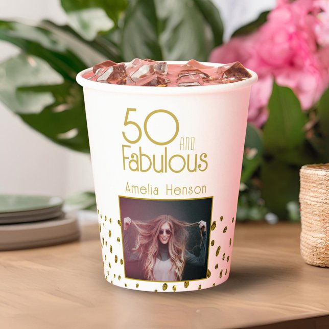50 and Fabulous Gold Glitter Photo 50th Birthday Paper Cups (Creator Uploaded)