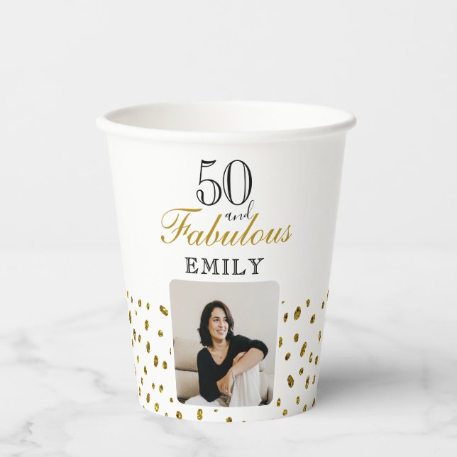 50 and Fabulous Gold Glitter Photo 50th Birthday Paper Cups (Front)