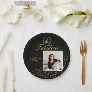 50 and Fabulous Gold Glitter Photo 50th Birthday Paper Plate