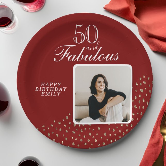 50 and Fabulous Gold Glitter Photo 50th Birthday Paper Plate (Creator Uploaded)
