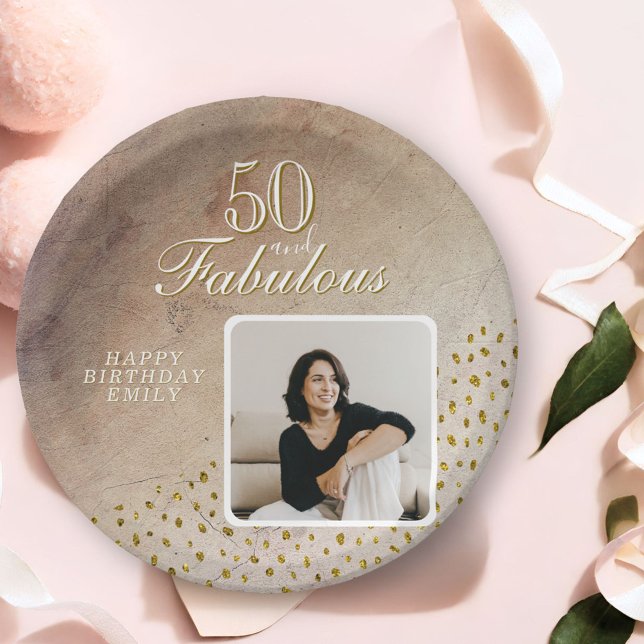 50 and Fabulous Gold Glitter Photo 50th Birthday Paper Plate (Creator Uploaded)