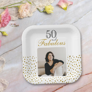 50 and Fabulous Gold Glitter Photo 50th Birthday Paper Plate