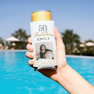 50 and Fabulous Gold Glitter Photo 50th Birthday Seltzer Can Cooler