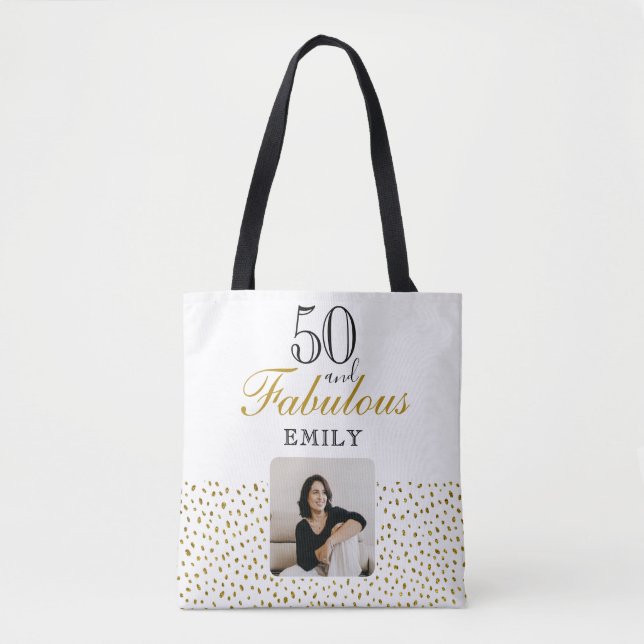 50 and Fabulous Gold Glitter Photo 50th Birthday Tote Bag (Front)