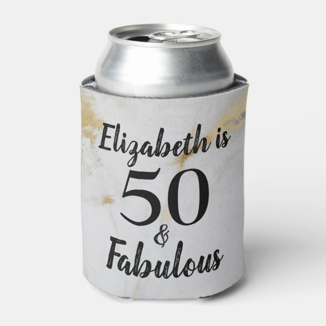 50 and Fabulous Gold Grey Marble with Black Text  Can Cooler (Can Front)