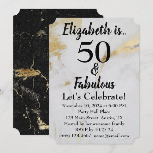 50 and Fabulous Gold Grey Marble with Black Text Invitation
