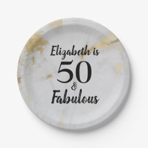 50 and Fabulous Gold Grey Marble with Black Text Paper Plate