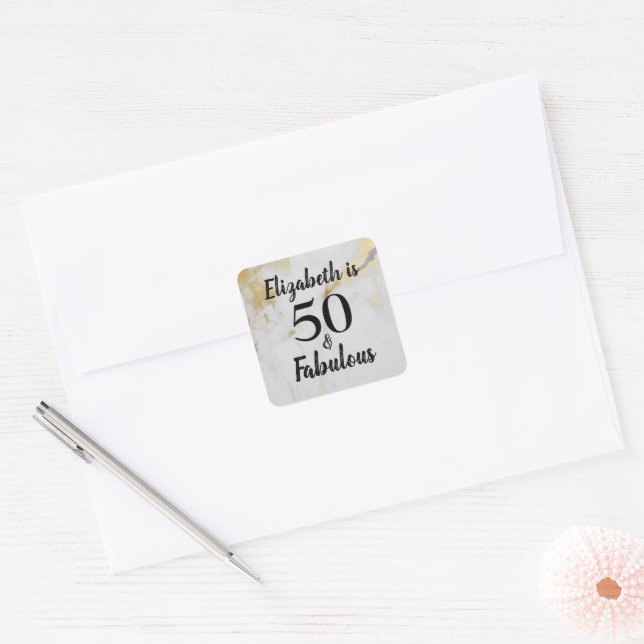 50 and Fabulous Gold Grey Marble with Black Text  Square Sticker (Envelope)