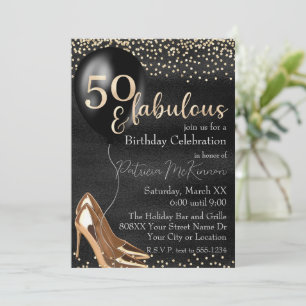 50 and Fabulous Gold High Heels on Black Invitation