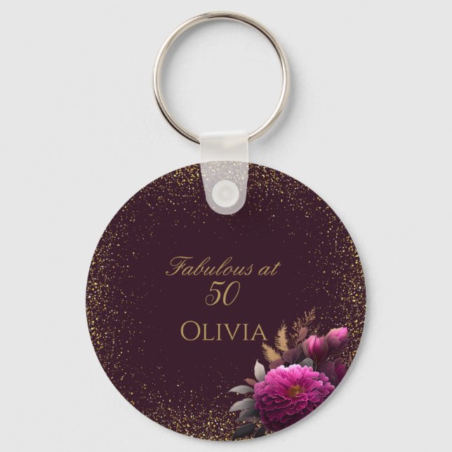 50 and Fabulous Gold Magenta Glitter Birthday Key Ring (Front)
