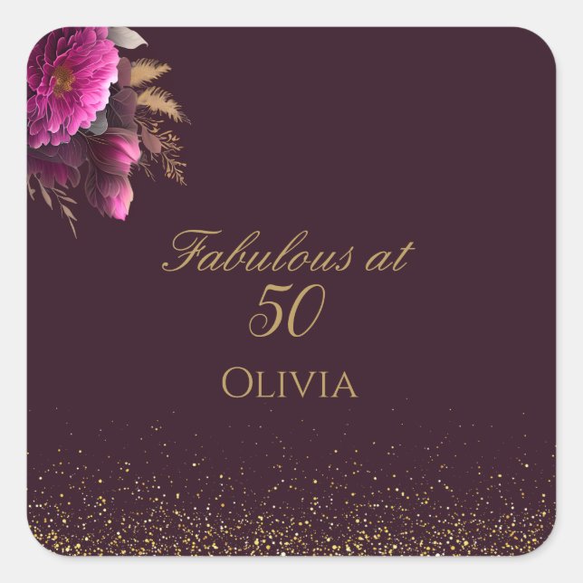 50 and Fabulous Gold Magenta Glitter Birthday Square Sticker (Front)