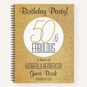 50 and Fabulous Gold Personalised Birthday Guest Notebook