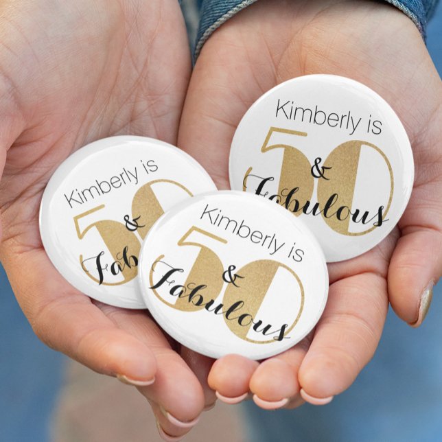 50 and Fabulous Gold Personalised Birthday Party 6 Cm Round Badge (Creator Uploaded)